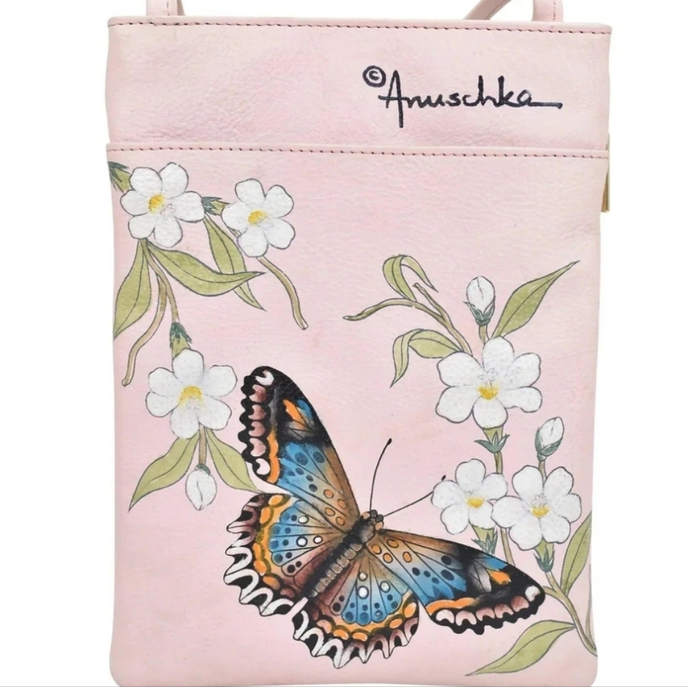 NWT Anuschka Pink Mini Double Zip Leather Travel Crossbody -